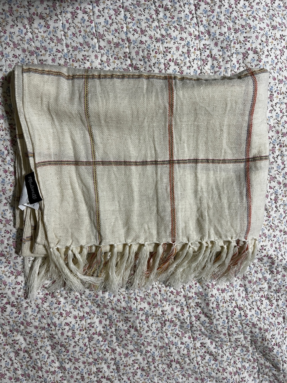 Madewell Neutral Plaid Fringe Shawl with Rust and Taupe Lines